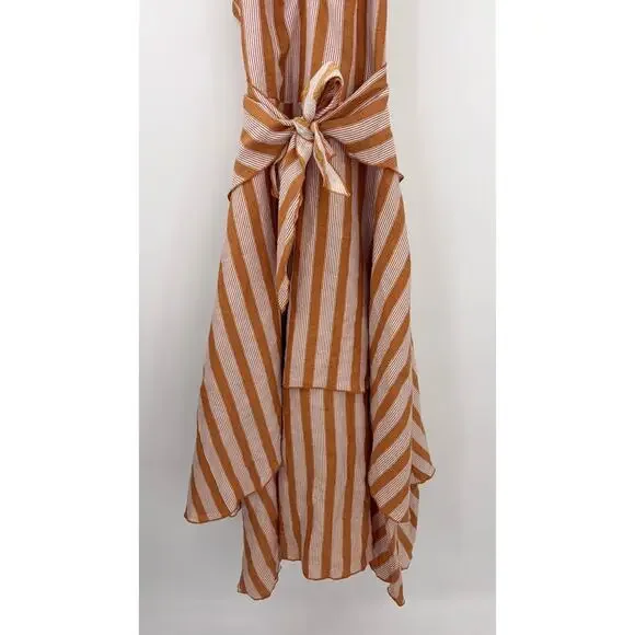 B51 Posse Striped Linen Midi Dress XS Layered Tie Waist Resort Flowy Cruise - Picture 7 of 10